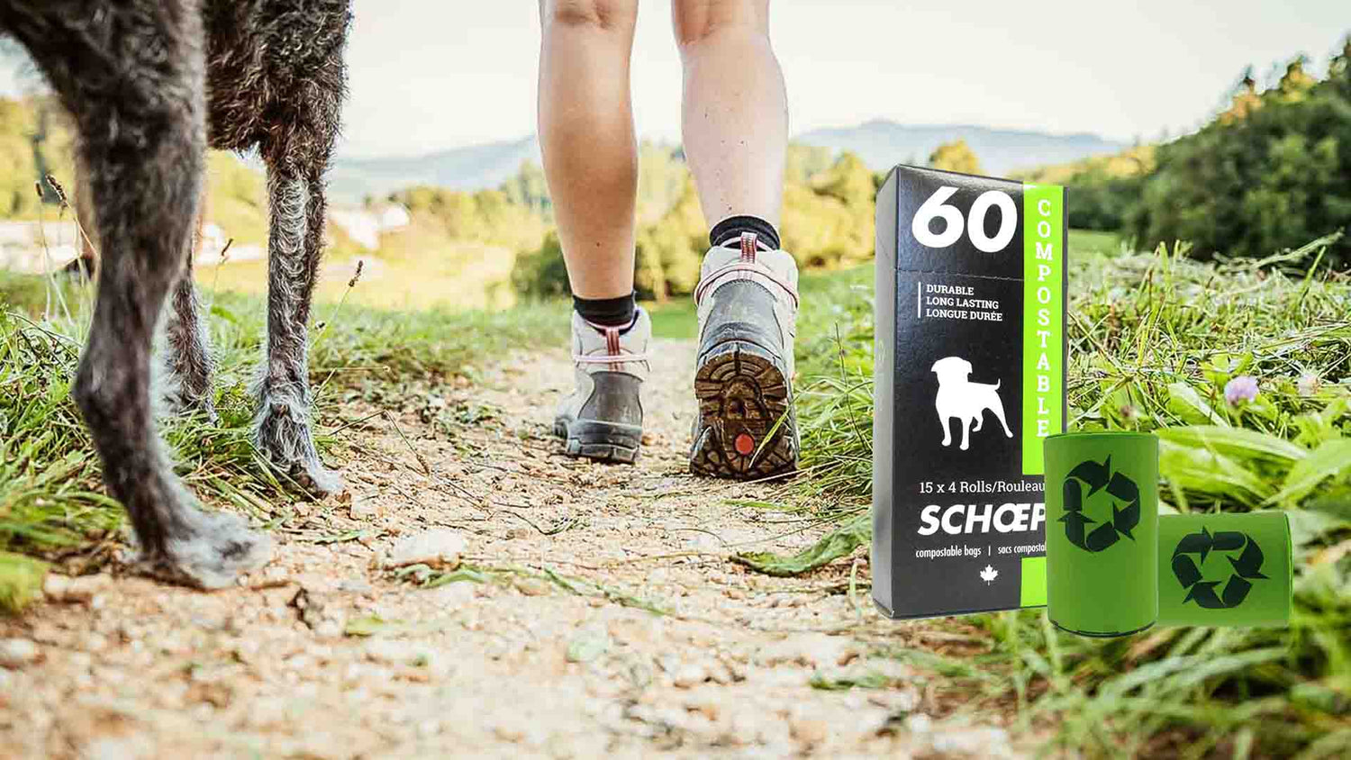 SCHOEP biodegradable dog and compostable pet poop bags. Greencart friendly in cities that allow pet waste into their greencarts. 